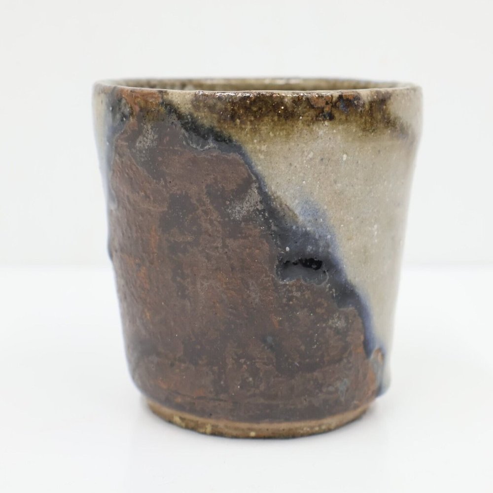 Hand Glazed Earthenware Tumbler Cup Planter Drip Glaze Brown Beige 3.75in Tall